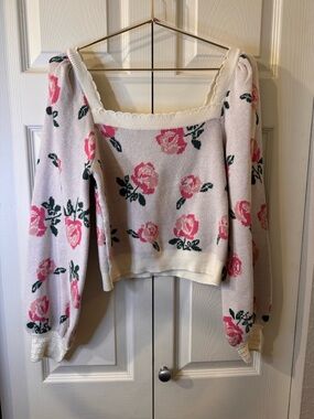 Floral Square Neck Pink Rose Knit Sweater
